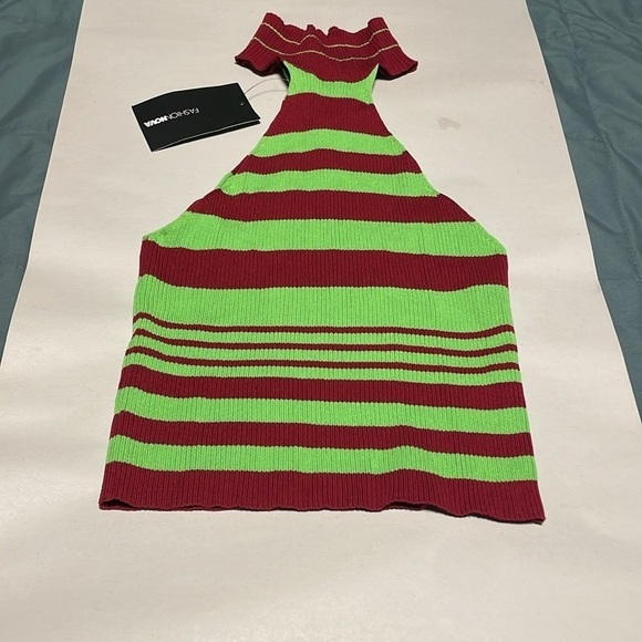 Retro Striped Halter Top Green Maroon Tank Rib High Neck NWT Fashion Nova Mod - Picture 3 of 9